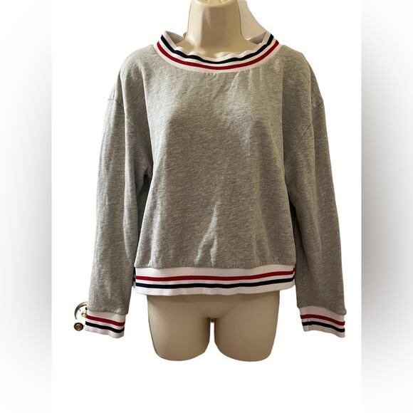 American Apparel Heather Grey with Red/White/Blue Striped Sweater SZ L - Picture 1 of 12